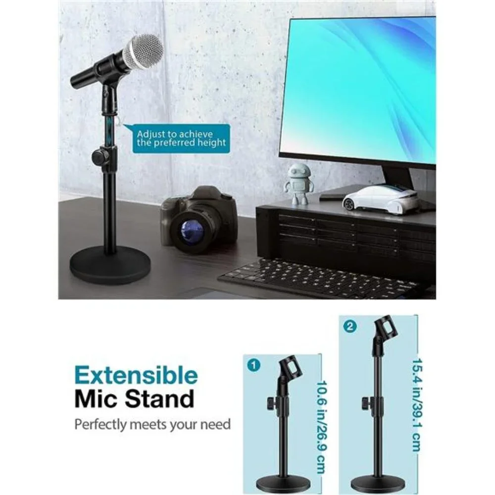 Desktop Microphone Stand, Upgraded Adjustable Table Mic Stand with Mic Clip